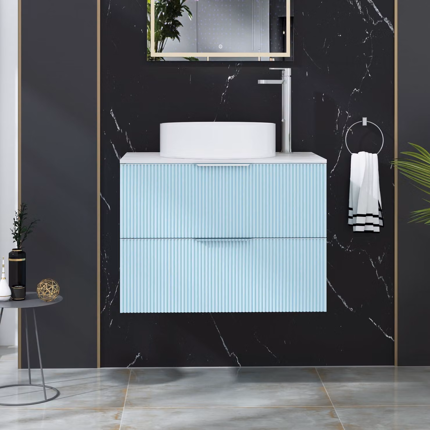 Royal Bathrooms Evora 700mm Powder Blue Fluted Wall Hung Countertop Vanity Unit with 2 Drawers and Art Basin