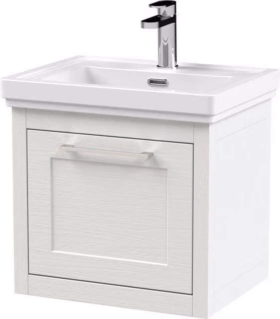 Balterley Wall Hung 1 Drawer Vanity Unit and 1TH Fireclay Basin, White, Width: 50 cm