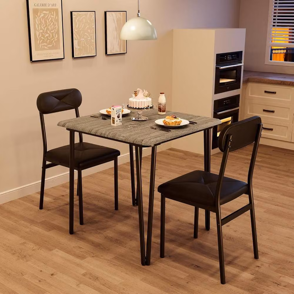 London Boutique 3 Piece Dining Set with Square Kitchen Table and 2 Grey Upholstered Chairs – 5