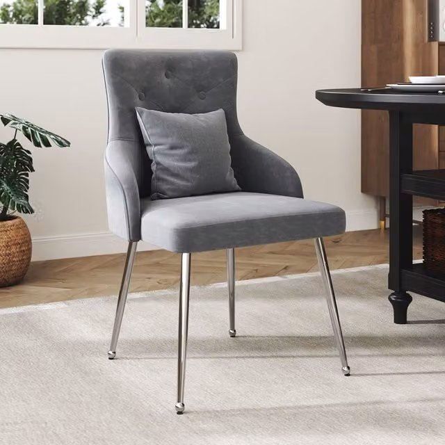 Komore Modern Grey Velvet Tufted Dining Chair with Cushion
