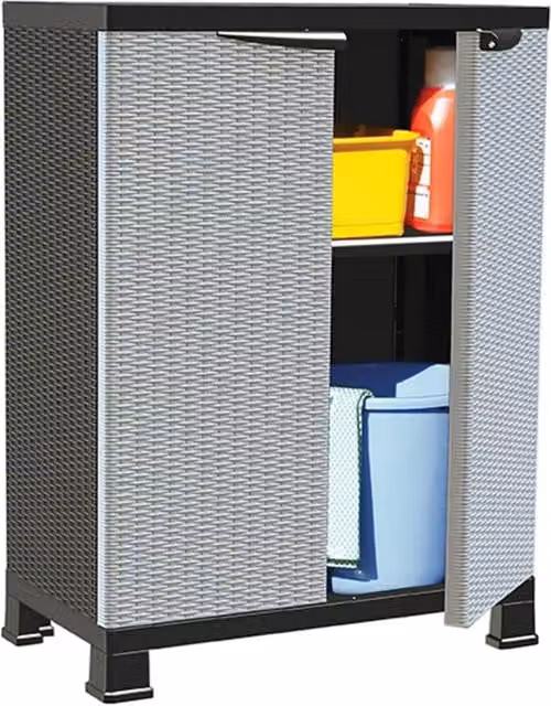 Berkfield Home Plastic Cabinet in Grey with Rattan Design, W/D/H: 68 x 39 x 92 cm