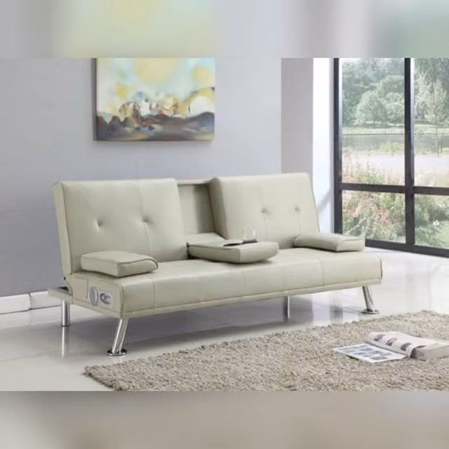 Comfy Living Ltd Faux Leather Italian Style Luxury Sofa Bed with Bluetooth Speakers in Cream