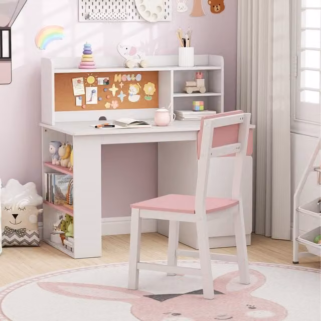 Costway Childrens Study Set with Desk, Chair, Shelf and Cabinet in Pink and White