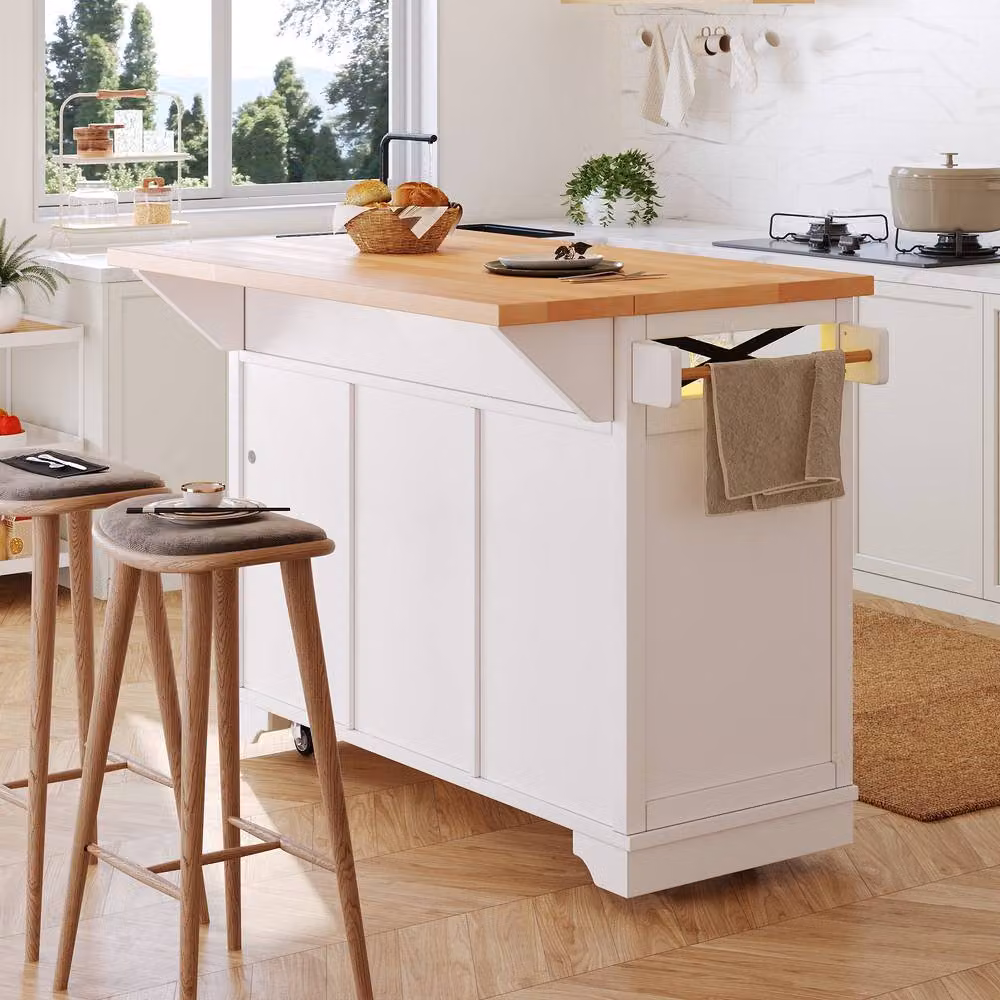 Merax Rolling Kitchen Island Cart with LED, Open Shelf and Drop-Leaf Table in White, W/D/H: 120 x 71 x 98 cm – 3