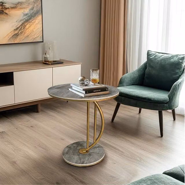Hygrad Modern Round Ceramic Coffee and Bedside Table in Grey and Gold