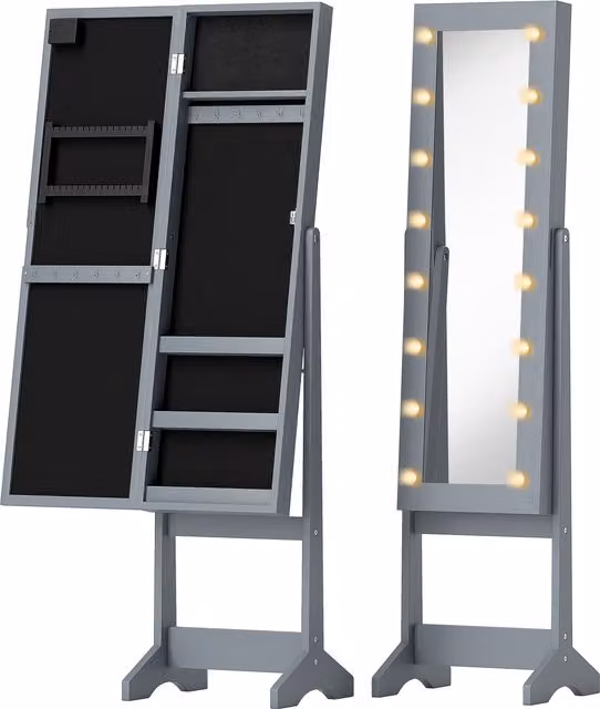 HOMCOM Free Standing Full-Length Mirror Jewellery Cabinet with LED Lights and Internal Storage, Grey