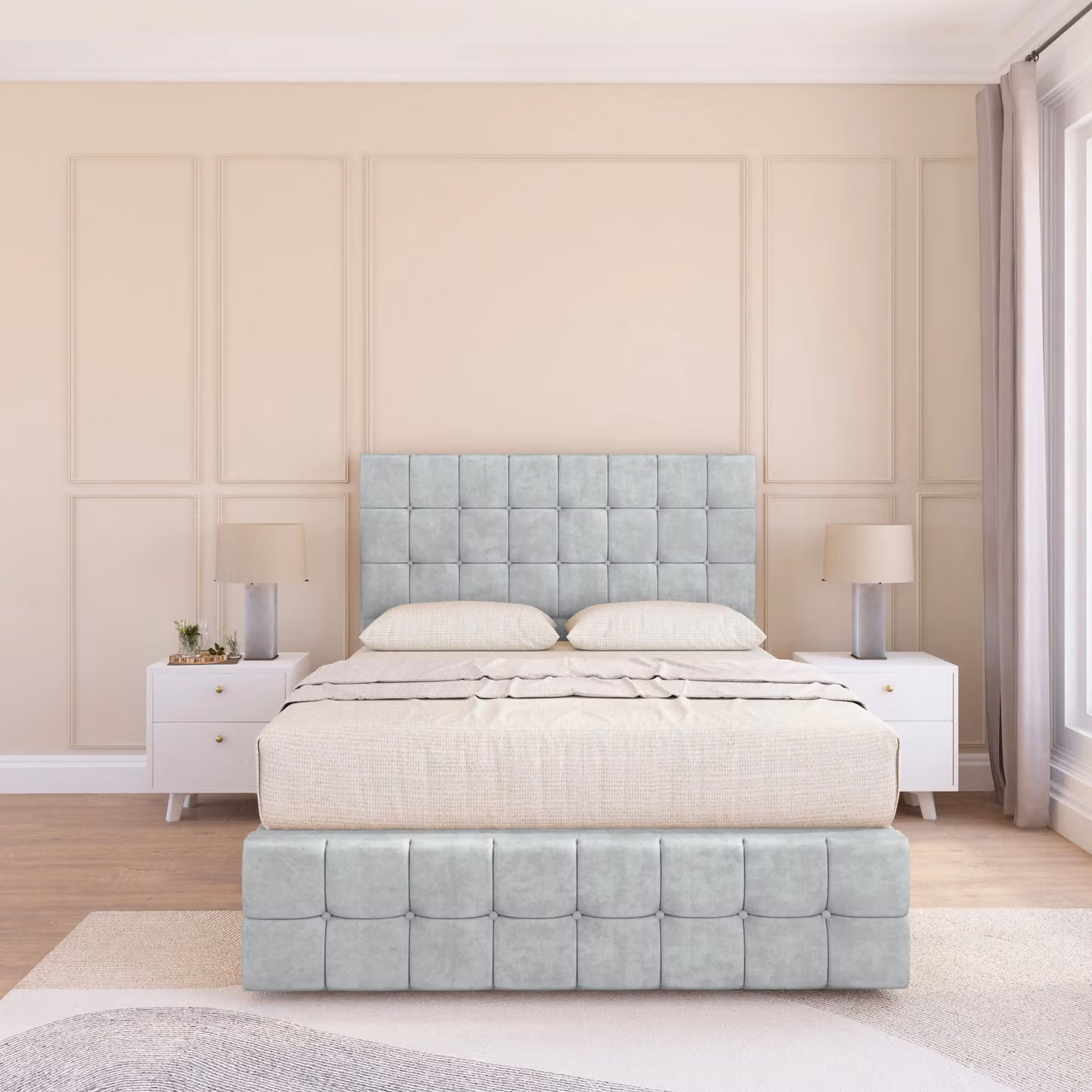 Sloomy Berlin Chesterfield Divan Bed Base in Silver Velvet Fabric, W/D/H: 180 x 200 cm