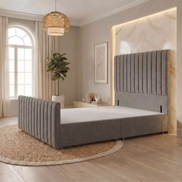 Somnior Eleanor Linen Divan Base with Headboard and Footboard, Silver/Grey, W/D/H: 180 x 200 cm