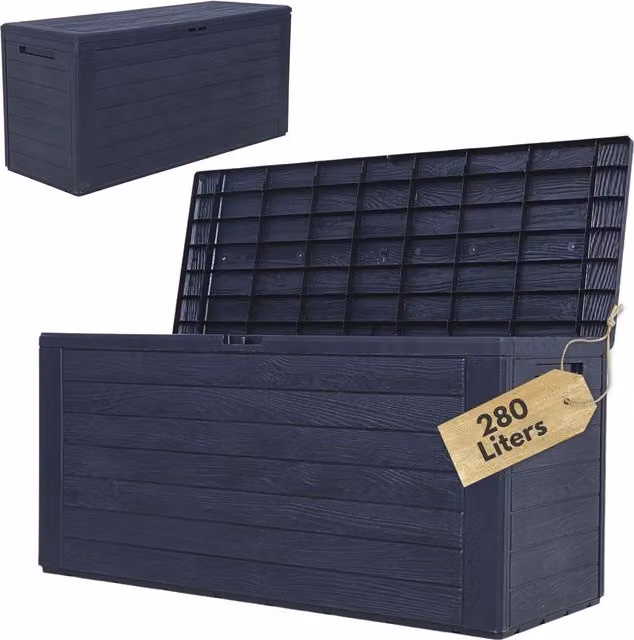NOVECRAFTO Grey Plastic Garden Storage Box with Woodgrain Effect Lid