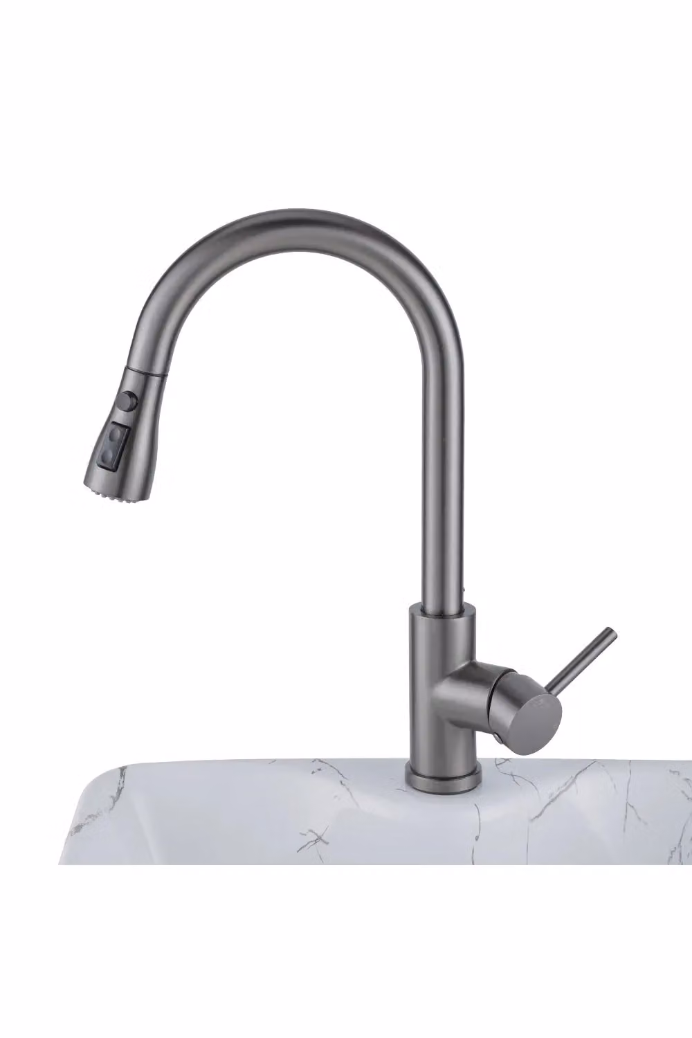 H&O Direct Commercial Retractable Pull Down Kitchen Faucet with Spray Function in Grey Brushed Steel, H 38.0 cm x W 26.0 cm x D 38.0 cm – 3