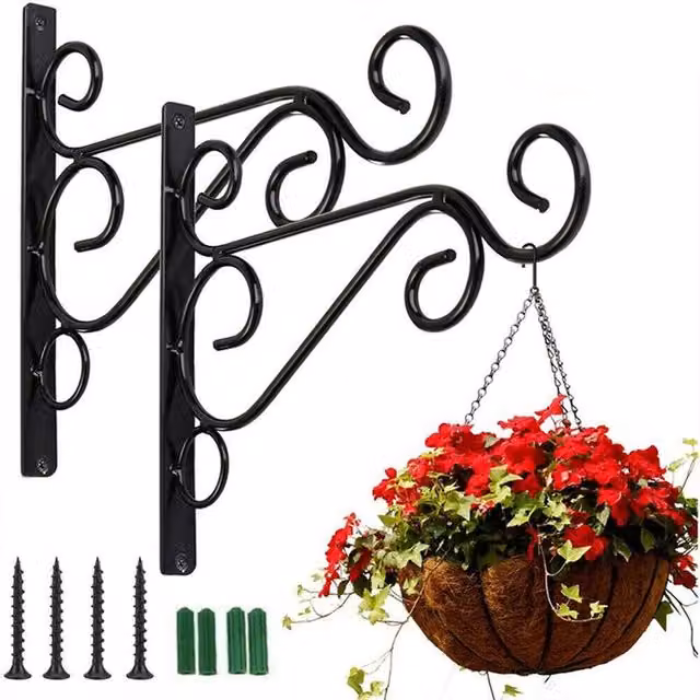FLAVORA 2 Pack Heavy Duty Metal Wall Hanging Planter Basket Brackets in Black