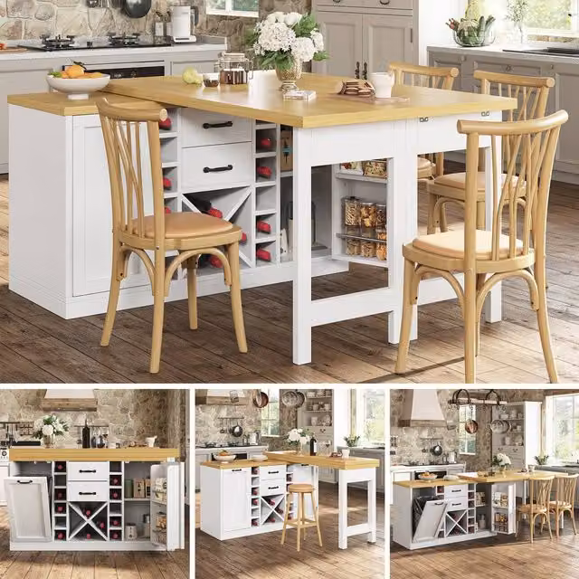 BTM Extendable White Sideboard Dining Table with Wine Rack and Bin Storage