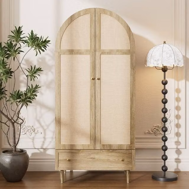 Merax Retro Arched Wardrobe in Brown with Fabric Doors and Drawers, H 175 x W 79 x D 50 cm – 1