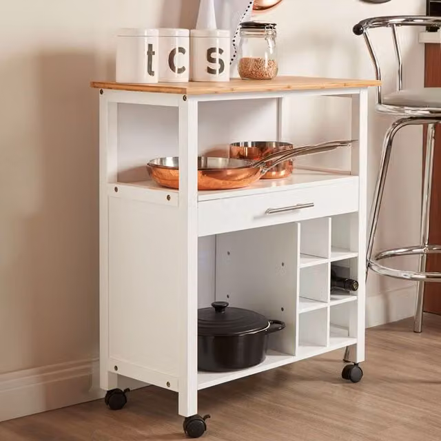 Orsina Compact White and Bamboo Top 1 Drawer Kitchen Trolley – 1