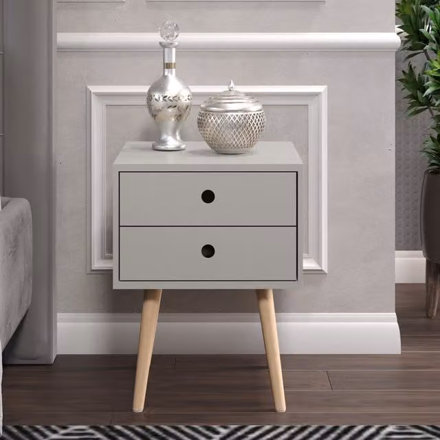 Core Products Set of 2 Scandia 2 Drawer Bedside Cabinets in Light Grey with Lacquered Wood Finish and Tapered Legs