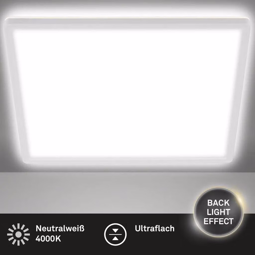 Briloner Ultraslim Square LED Ceiling Panel, 18W, 2400 Lumens, 4000K, White, W: 29.3 cm – 2