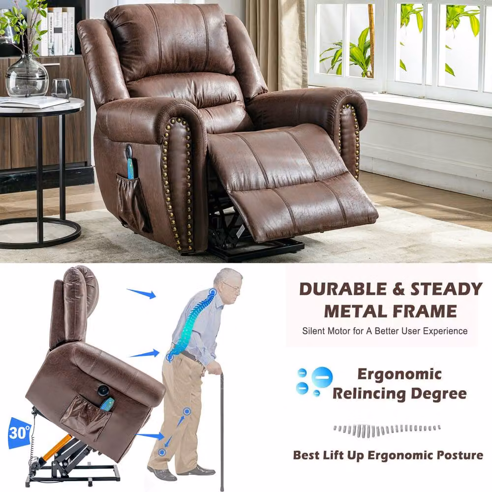 Matteo Oversized Power Lift Recliner in Brown with Synthetic Leather and Massage and Heat Functions – 8