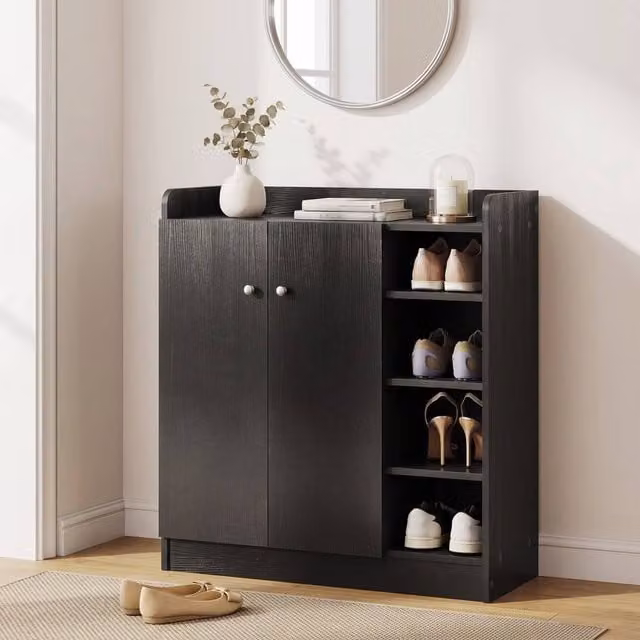 STILVORA Black Modern Shoe Cabinet with Adjustable Shelves and Hinged Doors