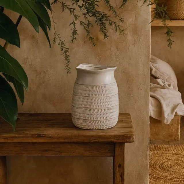 Wyld Haus Saffron Cylinder Hewn Ceramic Vase in White with Scandi Geometric Pattern