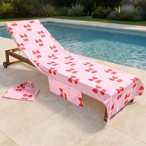 OHS Cherry Bow Microfibre Sunbed Towel with Pockets in Pink, W/H: 75 x 215 cm