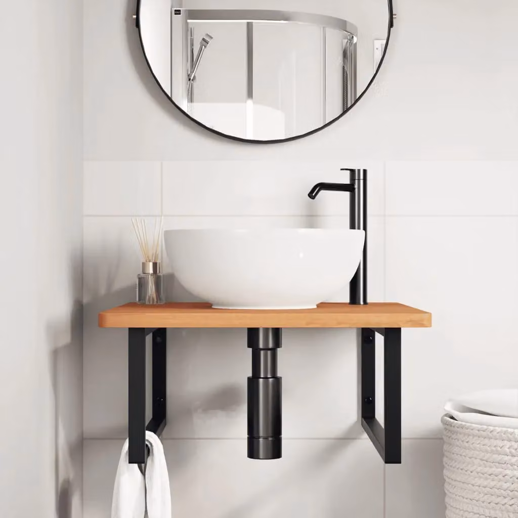 Berkfield Home Wall Mounted Basin Shelf in Brown Steel and Solid Beech Wood – 2