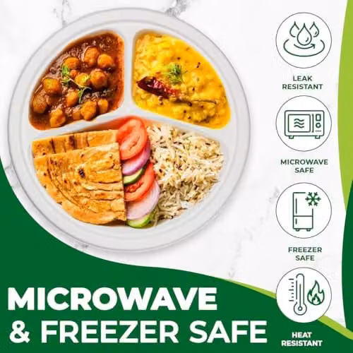 ECONX 10 Inch 3 Compartment Round Bagasse Disposable Plates, White, 100 Pieces – 3
