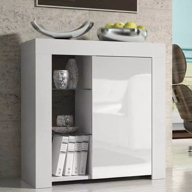 PAWNORA Modern White Matt Display Cabinet Sideboard with Glass Doors