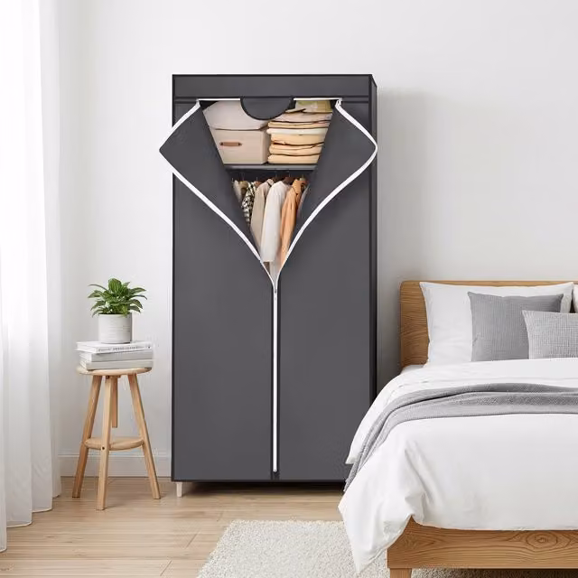 SONGMICS Grey Fabric Wardrobe with Hanging Rail, W/D/H: 75 x 45 x 160 cm