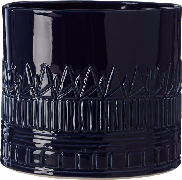 Orsina Small Blue Ceramic Planter with Geometric Embossed Pattern and Boho Tribal Design