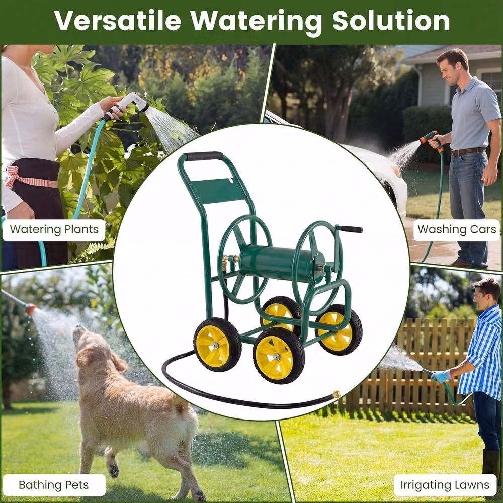 Costway Green Metal 4-Wheel Garden Hose Reel Cart and Water Hose Organiser – 8