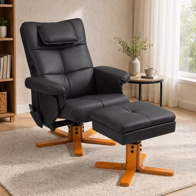 STILVORA Modern Motorised Massage Recliner with Storage Ottoman and USB-C in Black Synthetic Leather