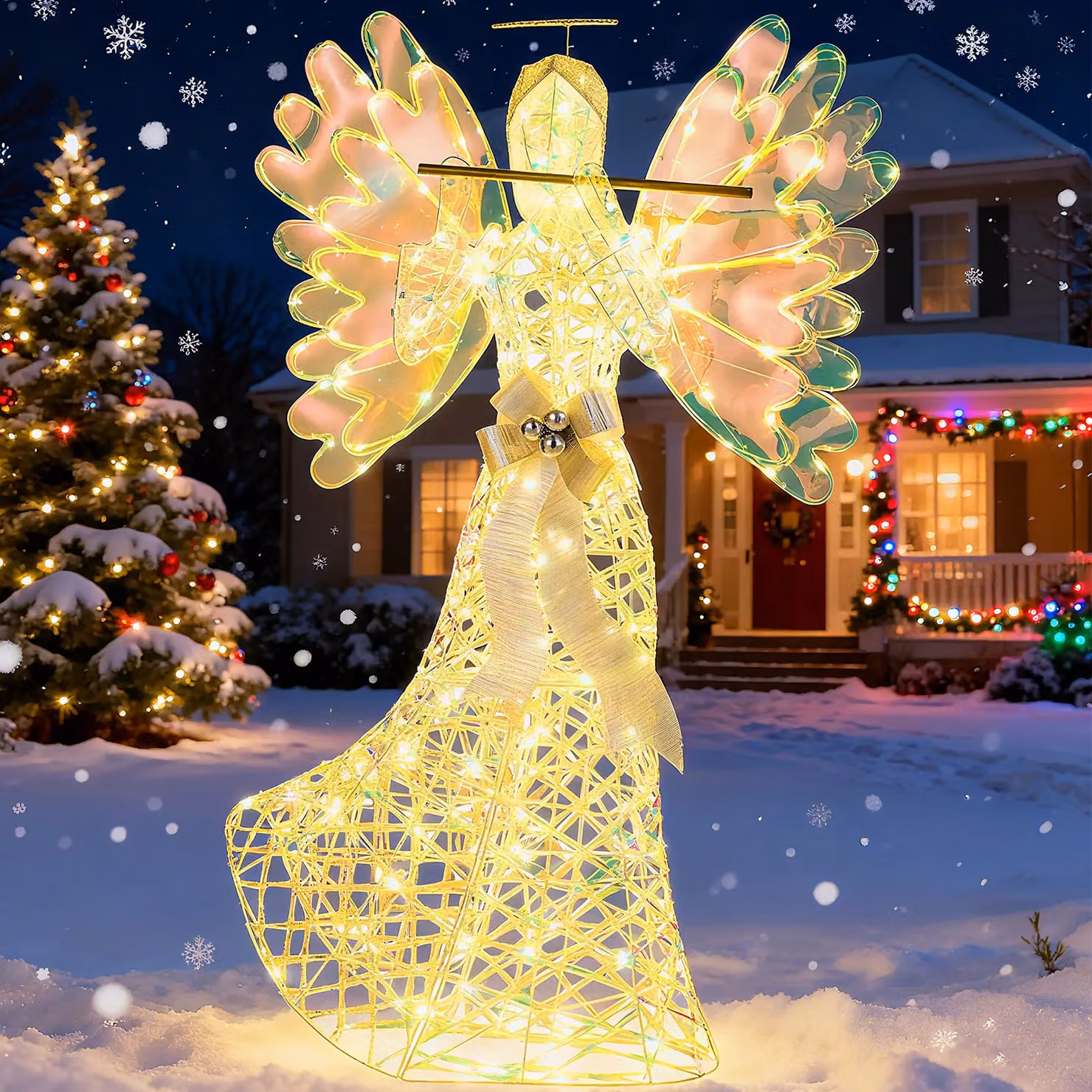 Costway 5.2 FT Lighted 3D Glittering Halo Angel Christmas Decoration in White and Multicolour – 2