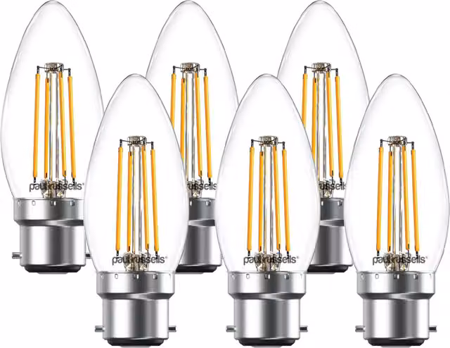 Paul Russells 4.5W LED Filament Candle Bulb, B22, 470lm, Dimmable, 2700K Warm White