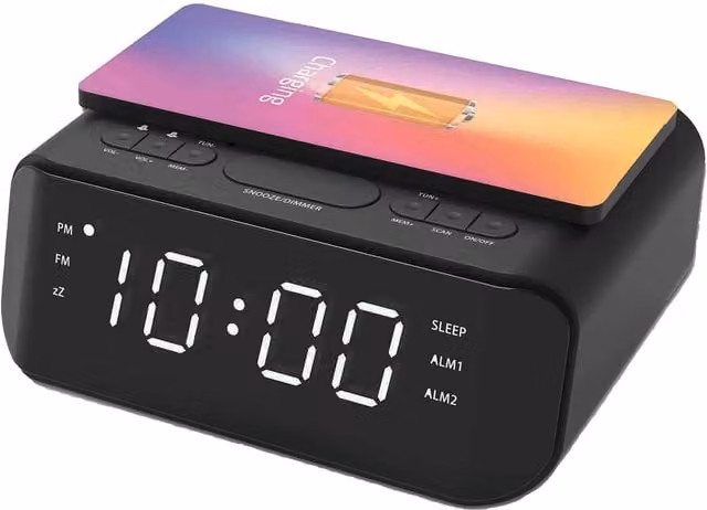 Groov-e Atlas Alarm Clock Radio with Wireless Charging Pad and FM Radio, Black
