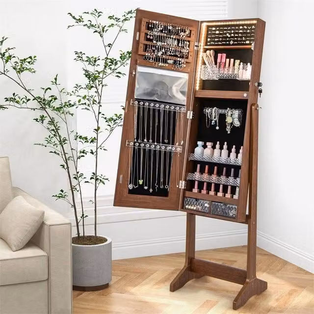 FORGEVIO Brown Wood Jewelry Armoire with Integrated LED Lighting, Internal Drawers and Lock – 1