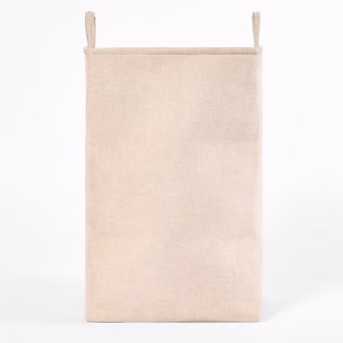OHS Collapsible Faux Linen Laundry Basket with Handles and Drawstring Closure, Beige