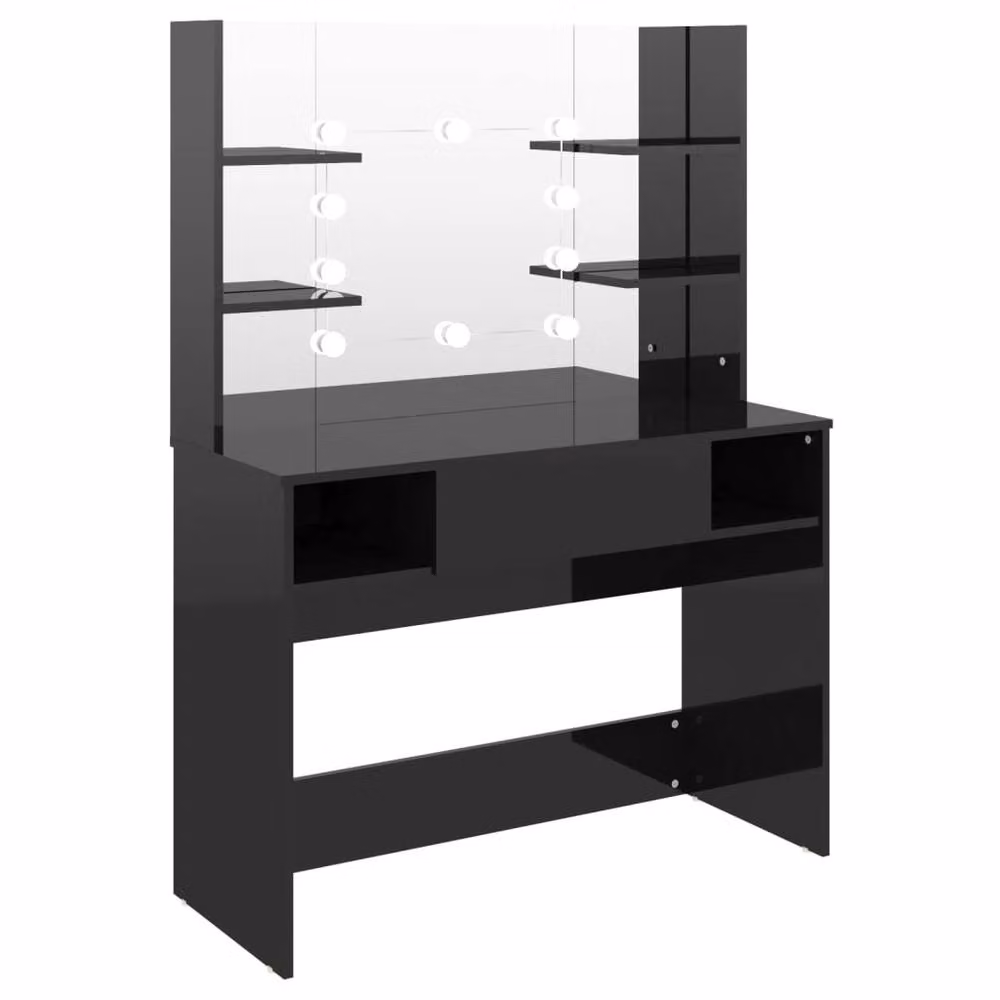 Berkfield Home Modern Glossy Black Makeup Table with Hollywood LED Lights, W/D/H: 100 x 40 x 135 cm – 3