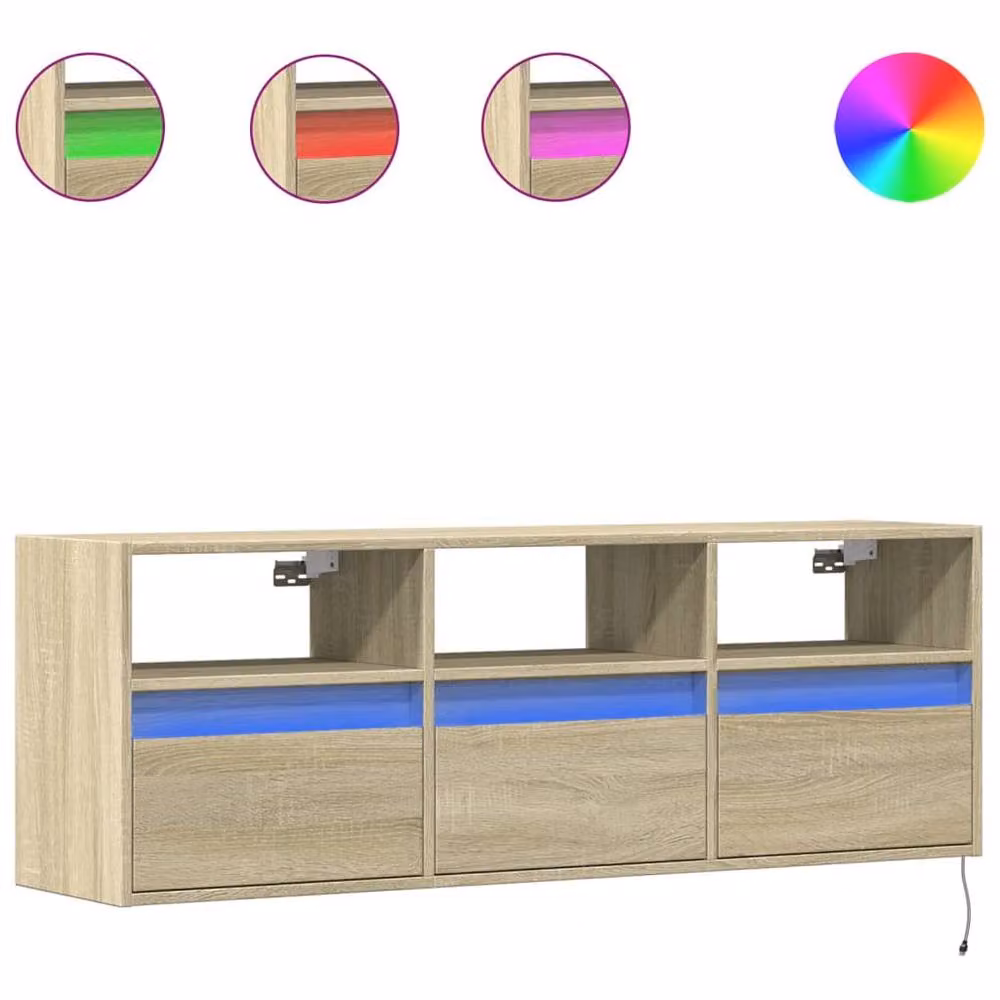 Berkfield Home TV Wall Cabinet with LED Lights in Sonoma Oak and Light Brown, W/D/H: 130 x 31 x 45 cm – 2