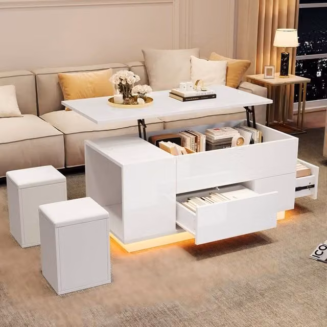 Merax White High Gloss Lift Top LED Coffee Table with 2 Storage Stools