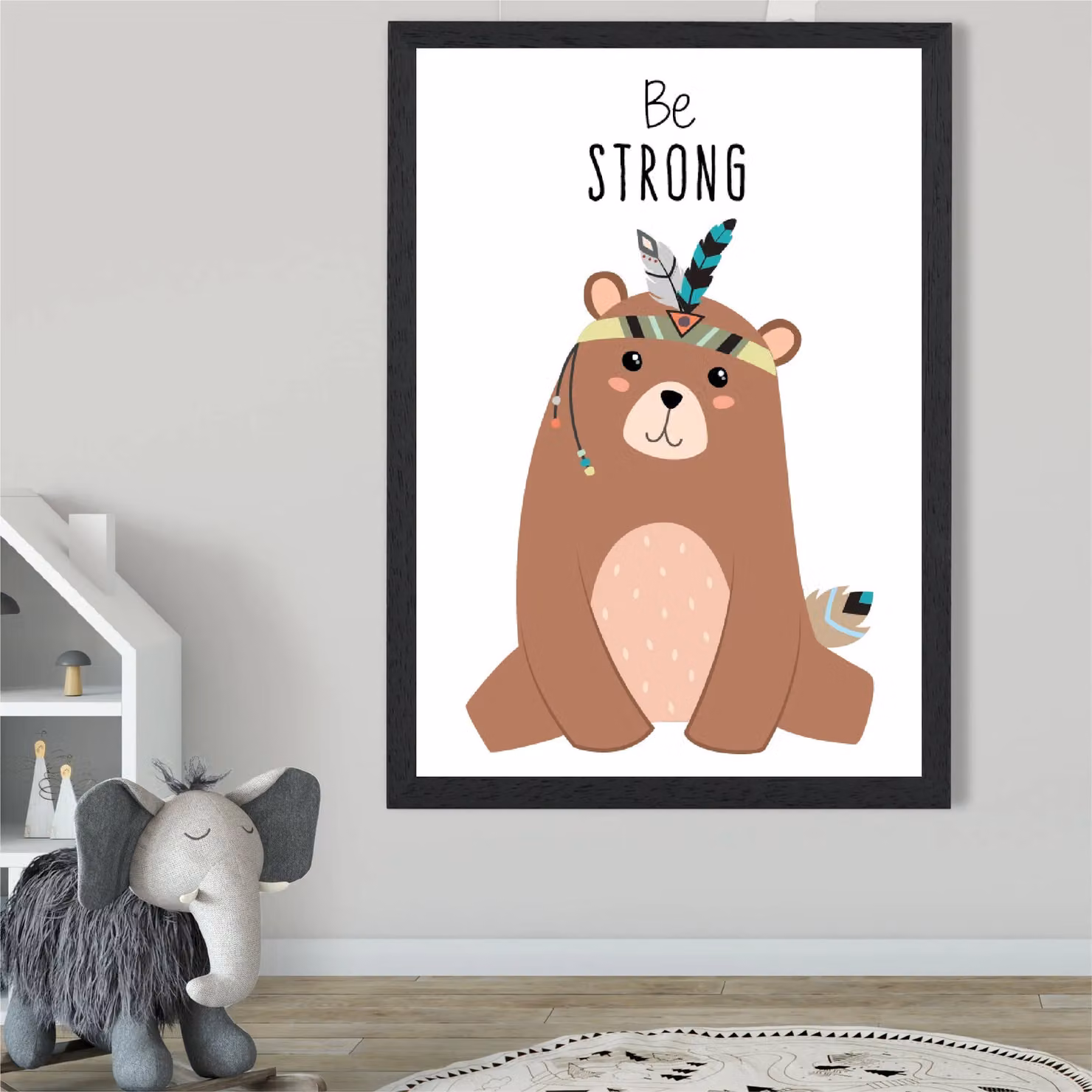 ARTZE Be Strong Bear Tribal Animal Quote Framed Print, Black Frame and Brown, A4 – 2