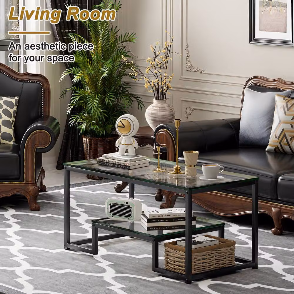 Huhote Modern Rectangular Glass Coffee Table with Black Metal Frame – 5