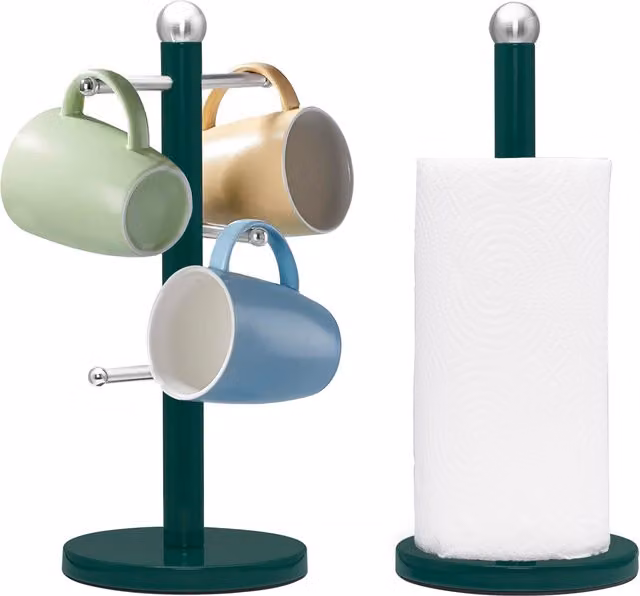 Innoteck Freestanding Kitchen Paper Roll Holder and Mug Tree Set in Green and White with Weighted Anti-Slip Base