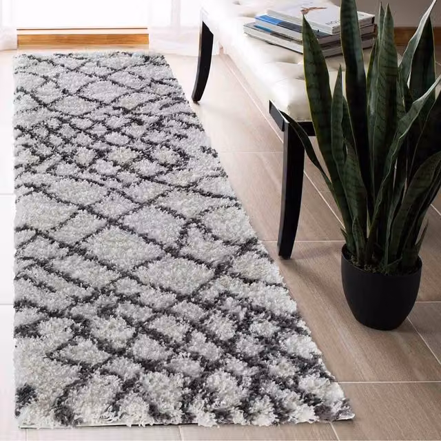 Desire Rugs Moroccan Berber Shaggy Runner with Abstract Boho Design in Beige, White and Grey, W: 60 cm, L: 220 cm