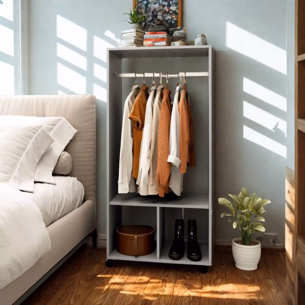 Pirlo Plush Open Wardrobe Clothes Rail with Storage Shelves on Wheels, Grey, W/D/H: 128 x 40 x 40 cm – 2