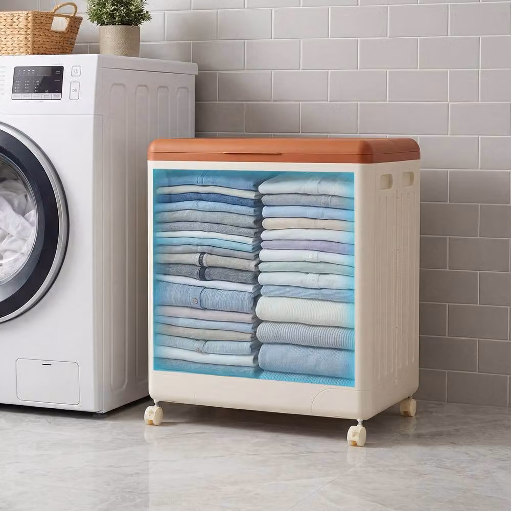 Gymax 120L Rolling Clothes Storage Box with Lid, Wheels and Transparent Window, Beige – 3