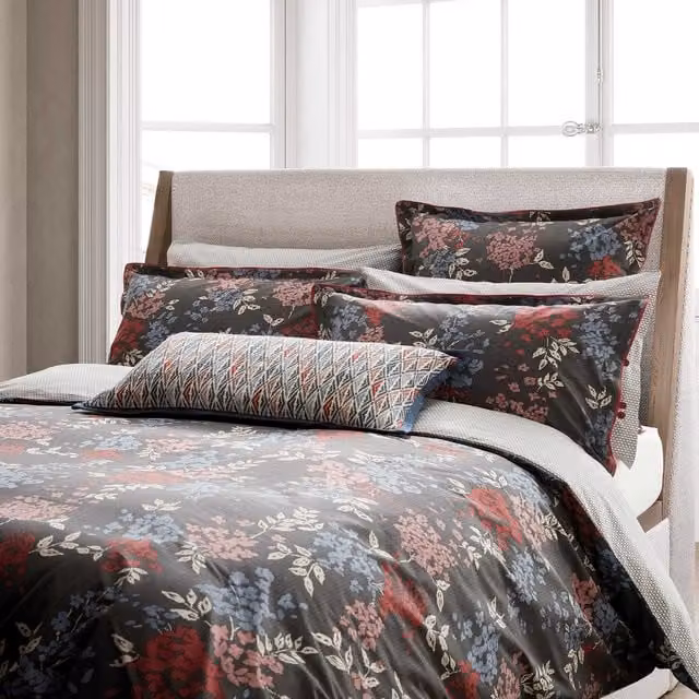 Bedeck of Belfast Lucine Super Kingsize Reversible Cotton Percale Duvet Cover and Pillowcase Set, Grey Floral