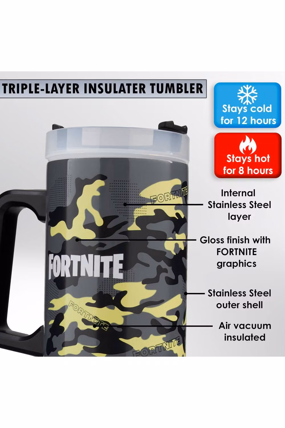 Get Trend Fortnite Insulated Stainless Steel Tumbler with Straw and Handle, 920ml, Multicolour – 9