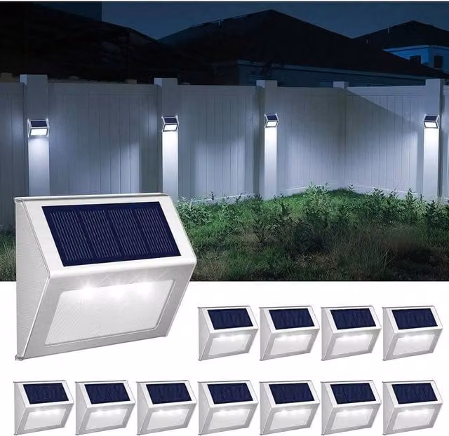 FLAVORA 12-Piece Solar Powered LED Wall and Fence Lights in Silver