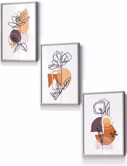 ARTZE Set of 3 Boho Floral Line Art Wall Pictures in Multicolour and Purple, W: 45 cm, H: 62 cm, D: 2 cm
