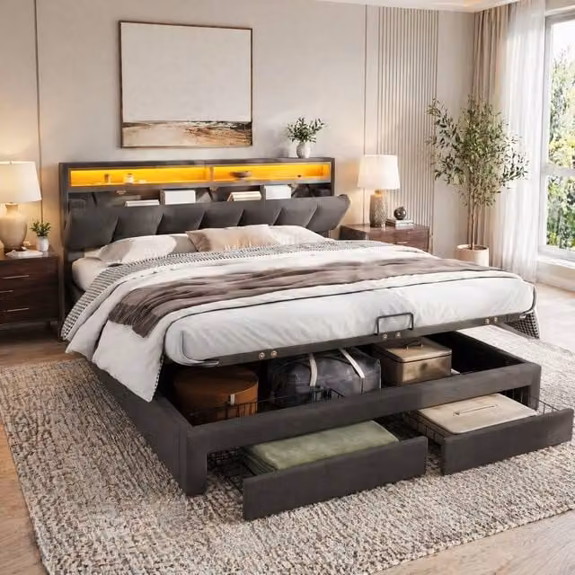 STILVORA Super King Upholstered Bed with LED Under-Bed Lighting in Grey, W: 180 cm x D: 200 cm – 1